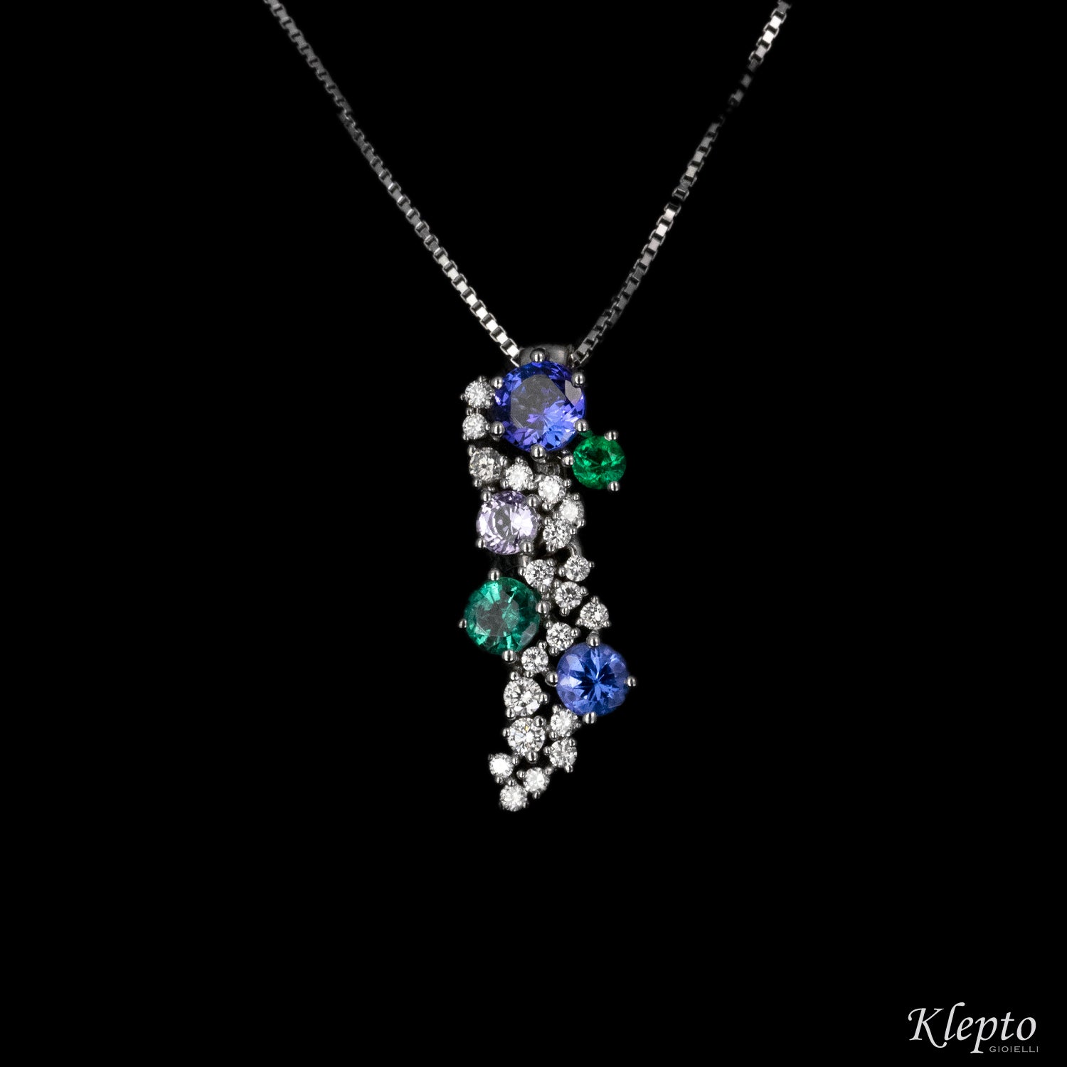 White gold pendant with Emerald, Tanzanite and Diamonds