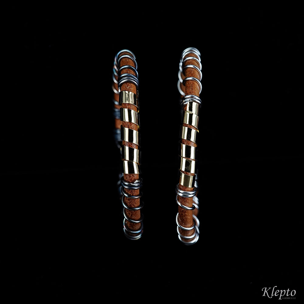 Bracelet in Silnova® Silver, leather and yellow gold