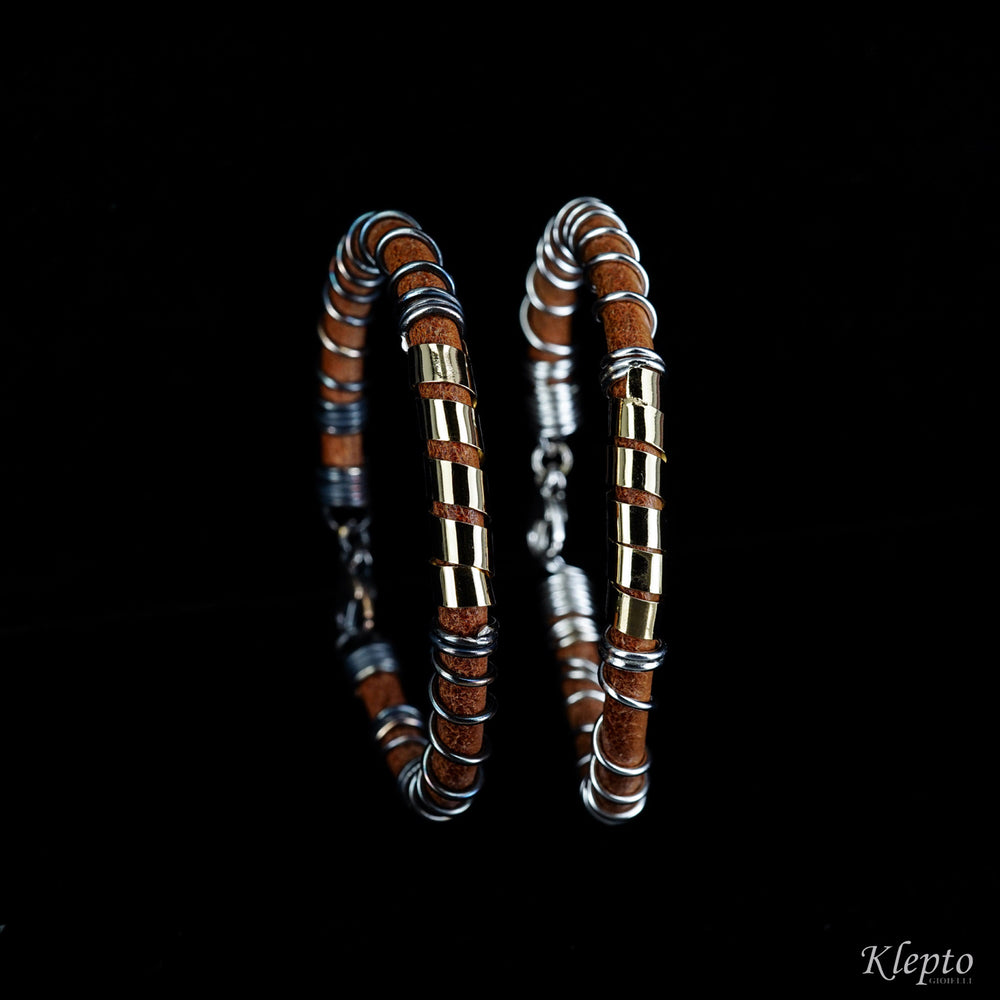 Bracelet in Silnova® Silver, leather and yellow gold
