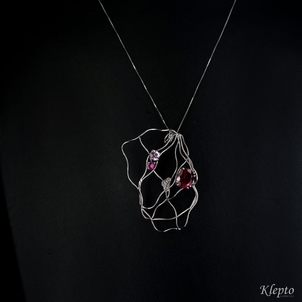 White gold pendant with Tourmalines and Ruby