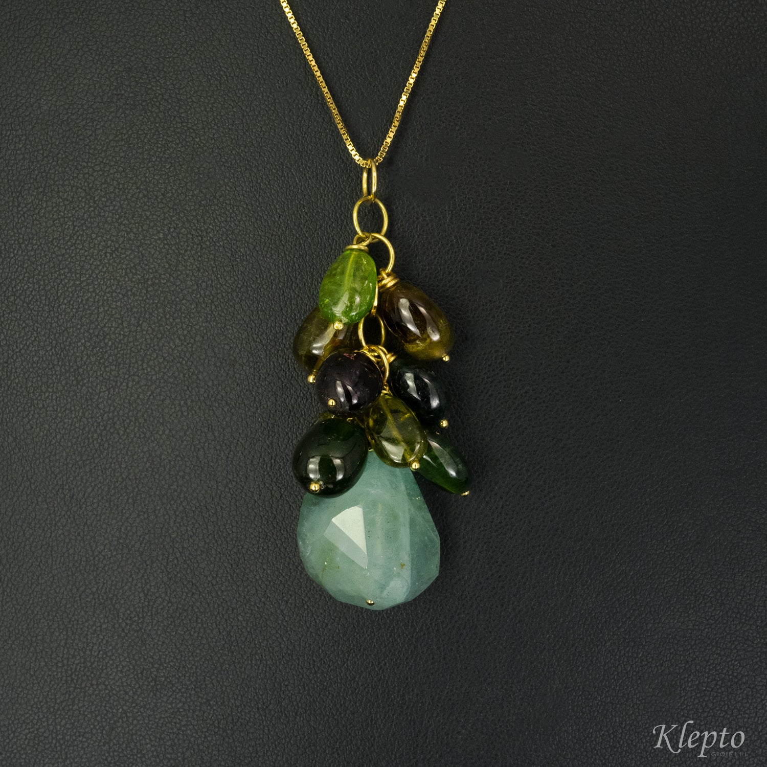 Yellow gold cluster pendant with Aquamarine and Tourmalines