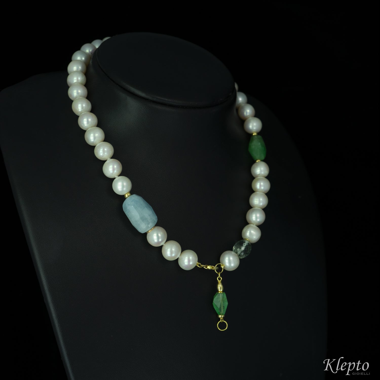 Gold necklace with Pearls, Aquamarine and Emerald