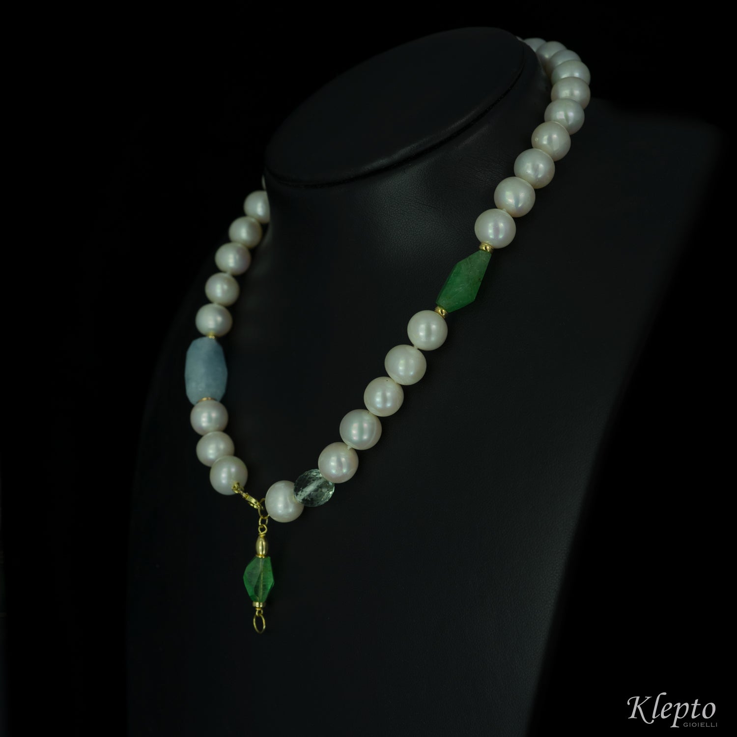 Gold necklace with Pearls, Aquamarine and Emerald